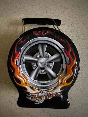 Vintage 2002 Mattel Hot Wheels Flame Wheel & Tire Tin Candy Box Carrying Case